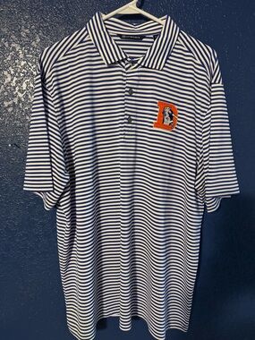 Cutter & Buck Blue and White Striped Polo with Orange D Patch